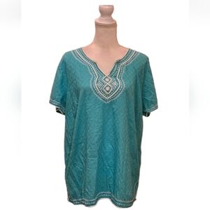 Style & Co Women’s Boho Embroidered 100%  Cotton Top Blouse Size 16 Turquoise
